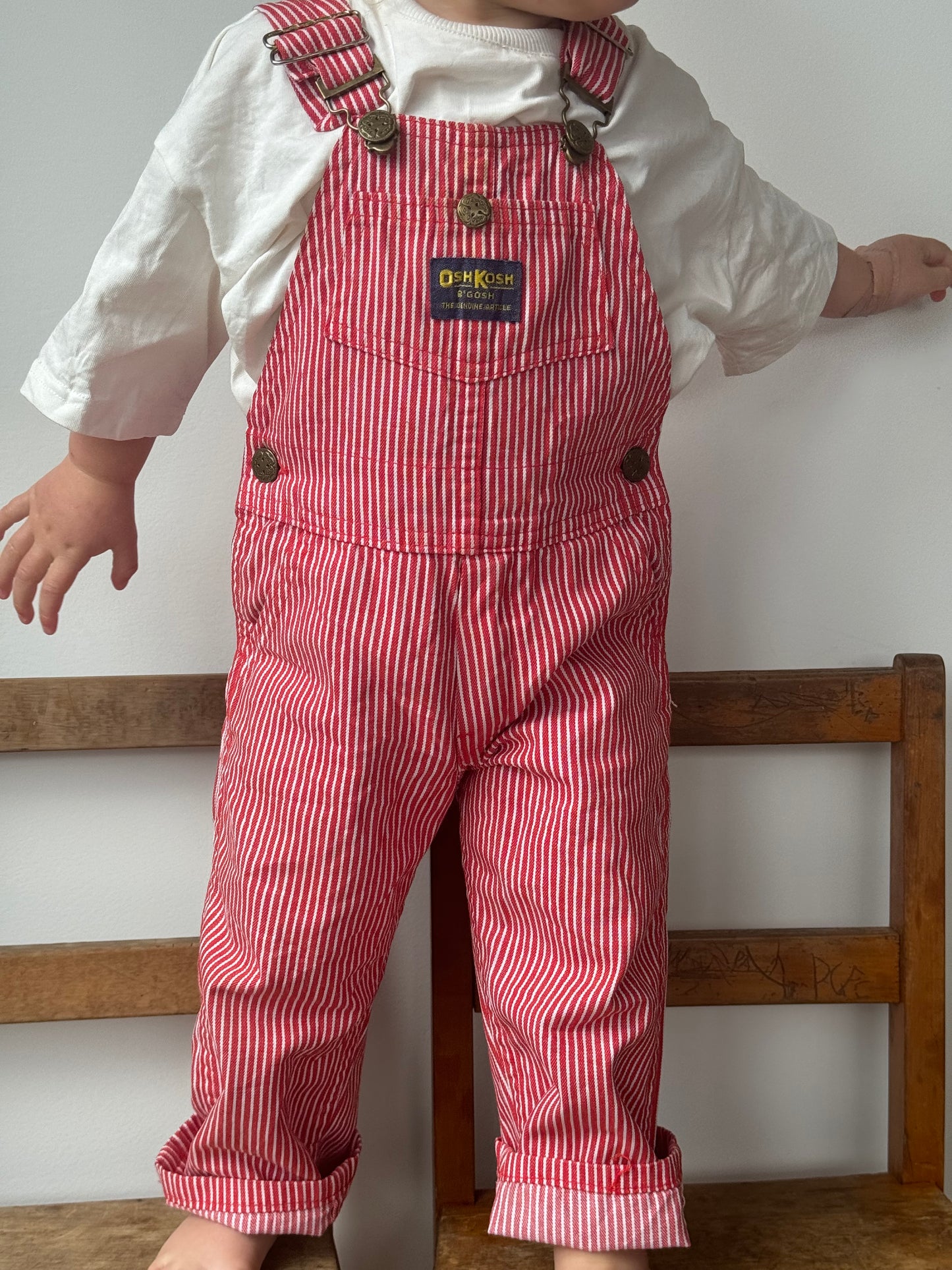 red hickory stripe Oshkosh overalls - 1/2Y